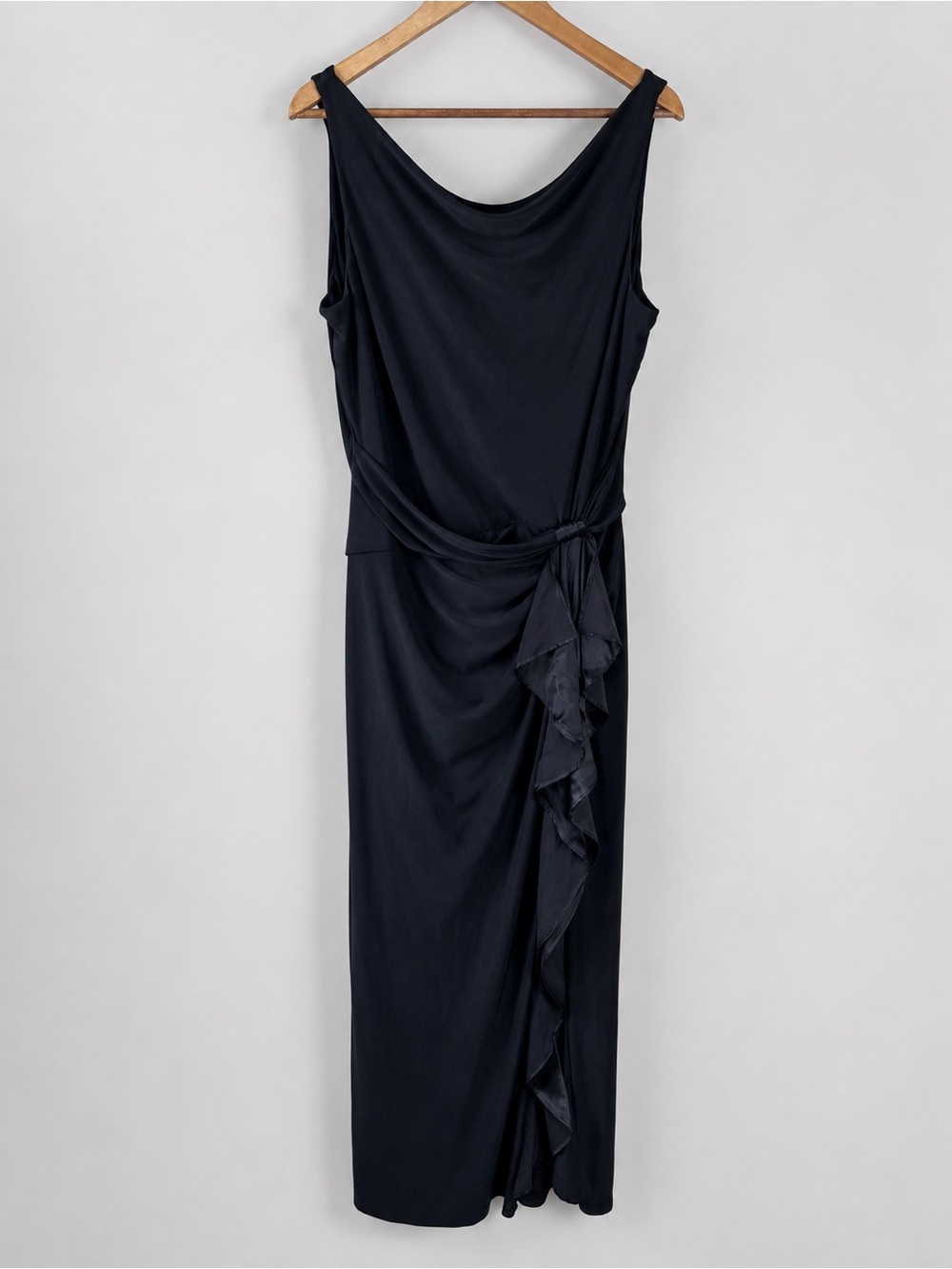 Lauren Ralph Lauren Black Evening Dress Size 14 Silk Blend Cowl Neck Ruffle Gown